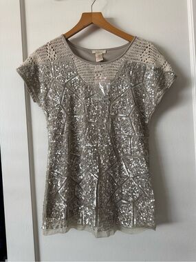 NWT Sundance Silver Sequin Crochet Short Sleeve Tee